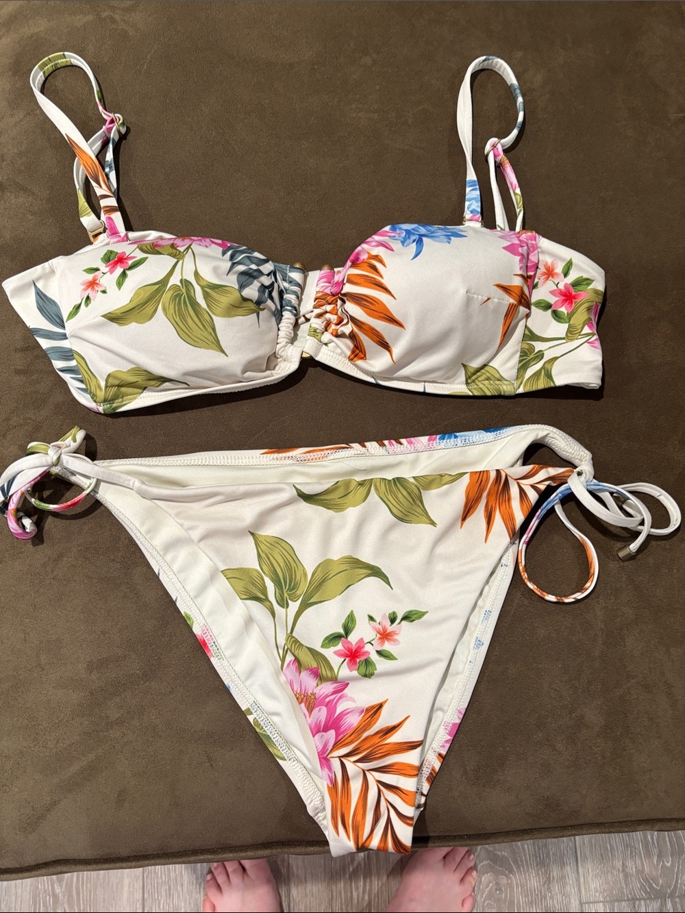 Vitamin A White Floral Bikini with Blue & Green Accents adjustable straps, ties